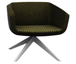 True Arca lounge chair, front-right view with a dark fully upholstered wraparound shell and metal swivel base.