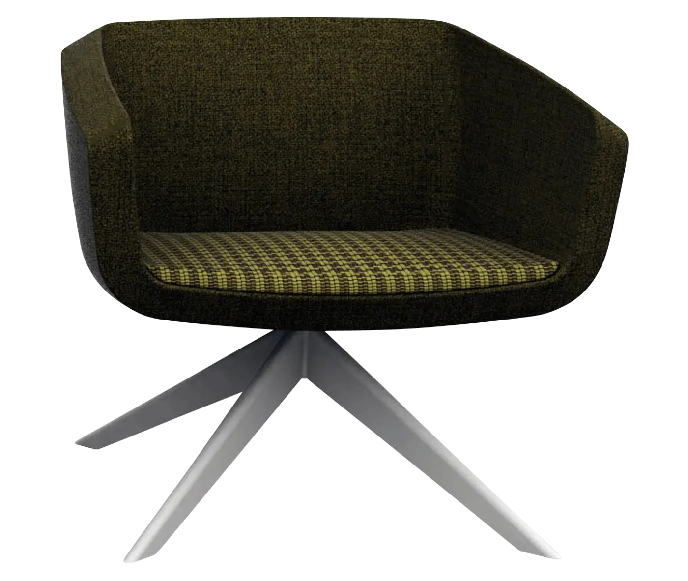 True Arca lounge chair, front-right view with a dark fully upholstered wraparound shell and metal swivel base.