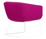 True Arca lounge chair, back view with a magenta fully upholstered wraparound shell and metal sled base.