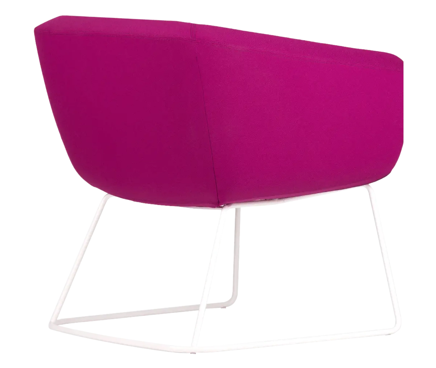 True Arca lounge chair, back view with a magenta fully upholstered wraparound shell and metal sled base.