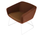 True Arca lounge chair, top view with a dark brown fully upholstered wraparound shell and metal sled base.