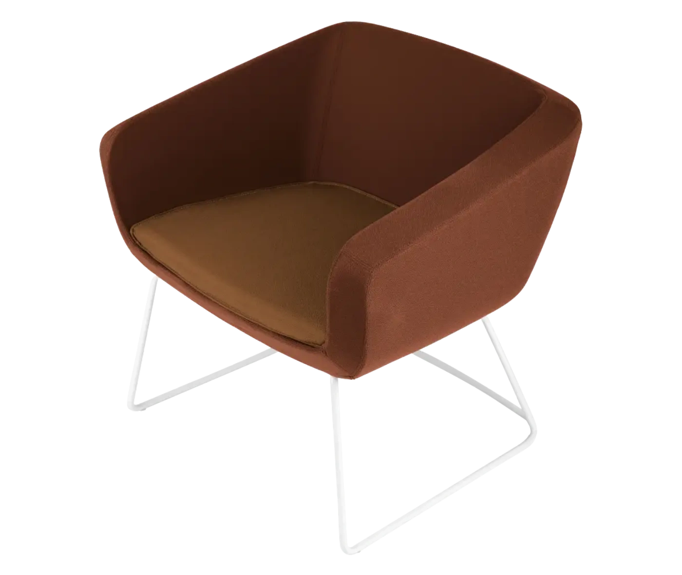 True Arca lounge chair, top view with a dark brown fully upholstered wraparound shell and metal sled base.