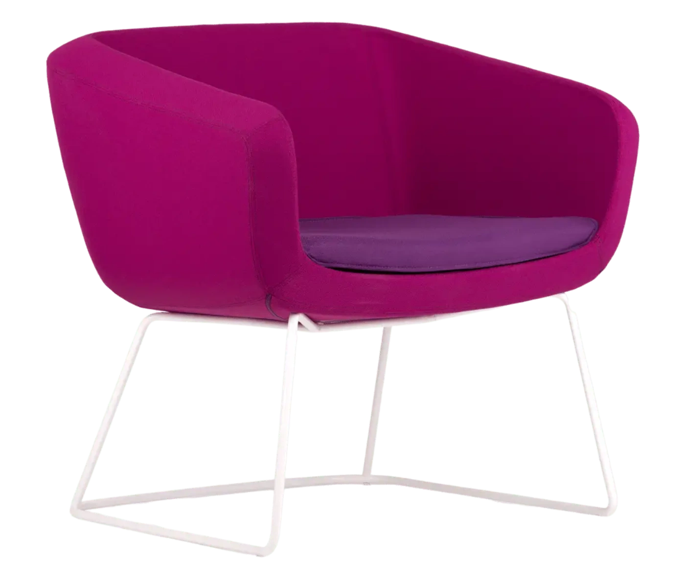 True Arca lounge chair, front-right view with a magenta fully upholstered wraparound shell and metal sled base.