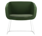 True Arca lounge chair, front view with a green fully upholstered wraparound shell and metal sled base.