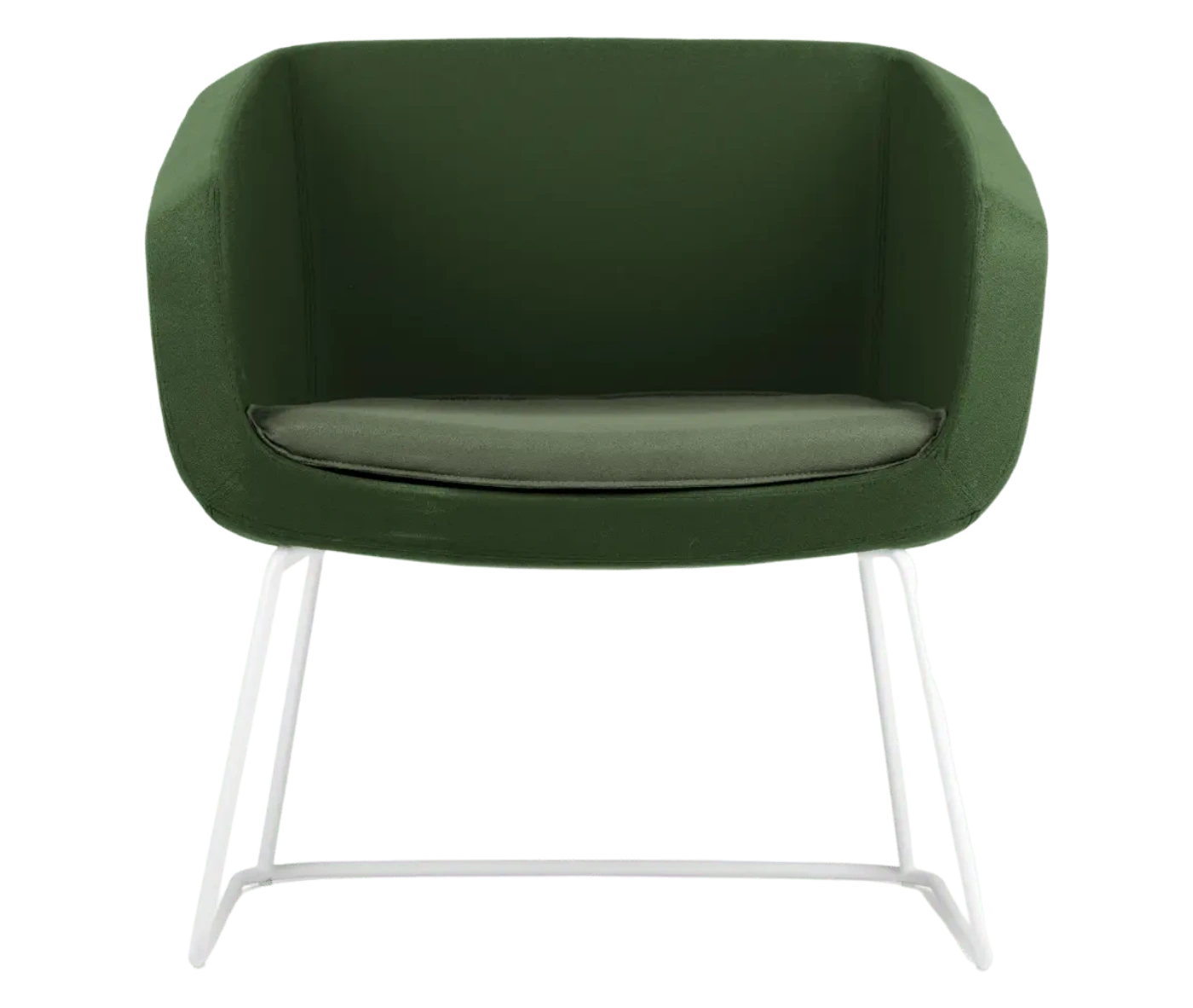 True Arca lounge chair, front view with a green fully upholstered wraparound shell and metal sled base.