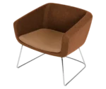 True Arca lounge chair, elevated view with a dark brown fully upholstered wraparound shell and metal sled base.