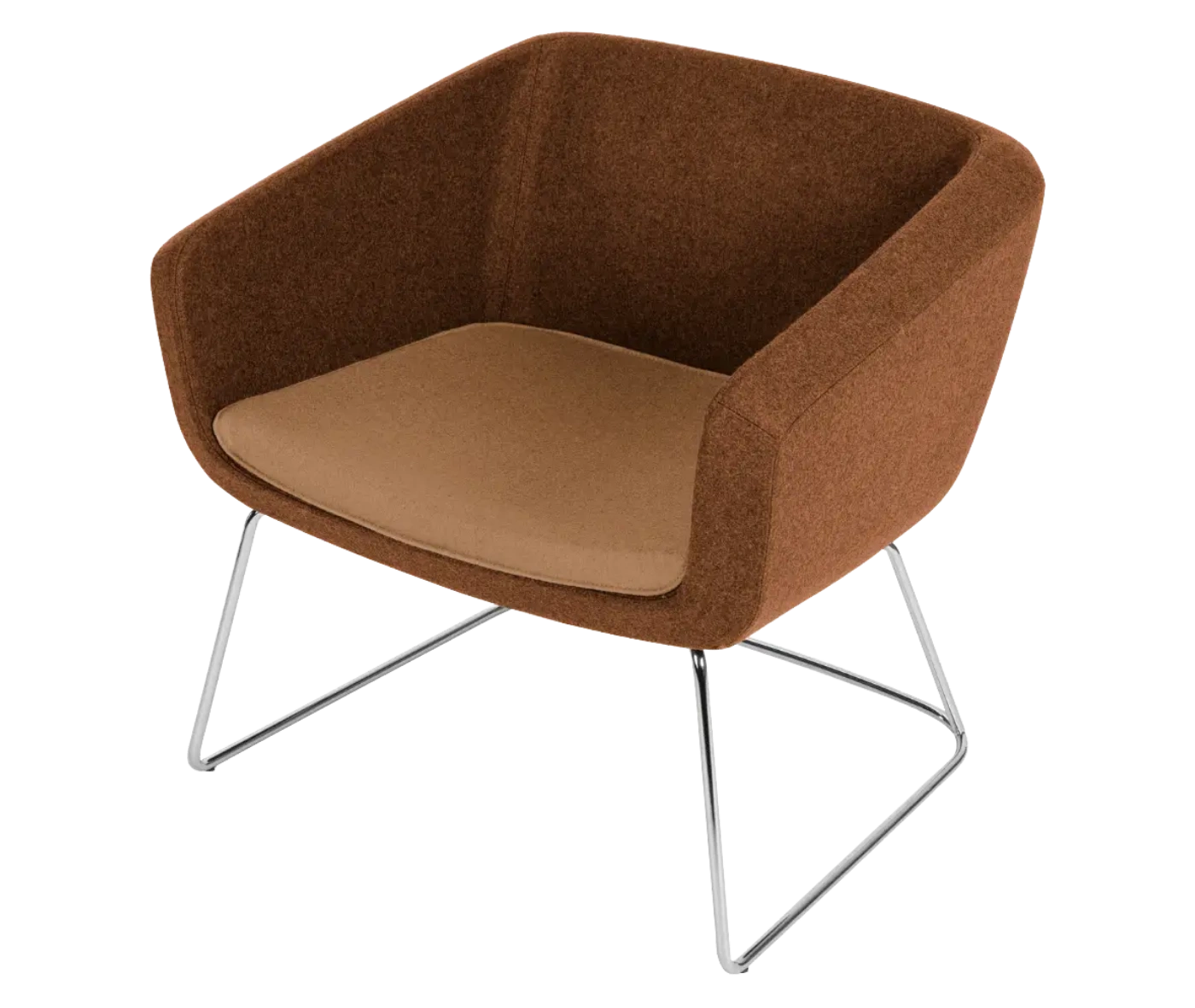 True Arca lounge chair, elevated view with a dark brown fully upholstered wraparound shell and metal sled base.