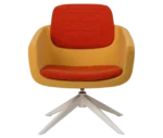 True Arca lounge chair, front view with a floating red backrest, mustard yellow upholstered shell, and swivel base.