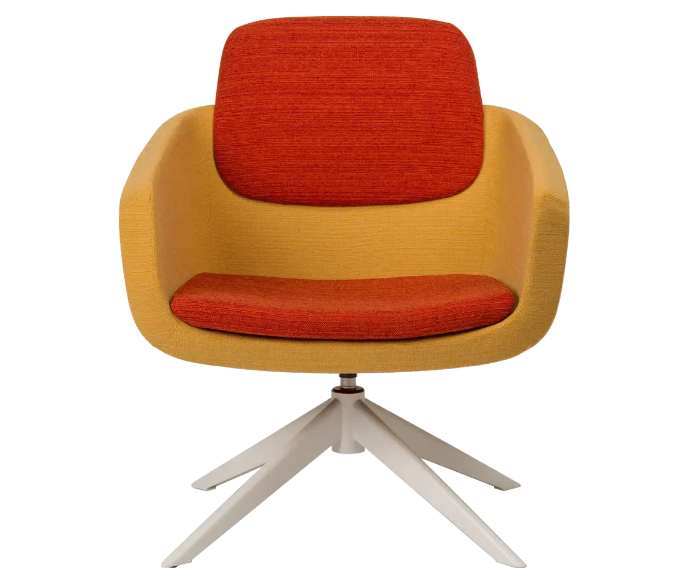 True Arca lounge chair, front view with a floating red backrest, mustard yellow upholstered shell, and swivel base.