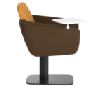 True Arca lounge chair, side view with floating backrest, brown shell, integrated side table and metal base plate.