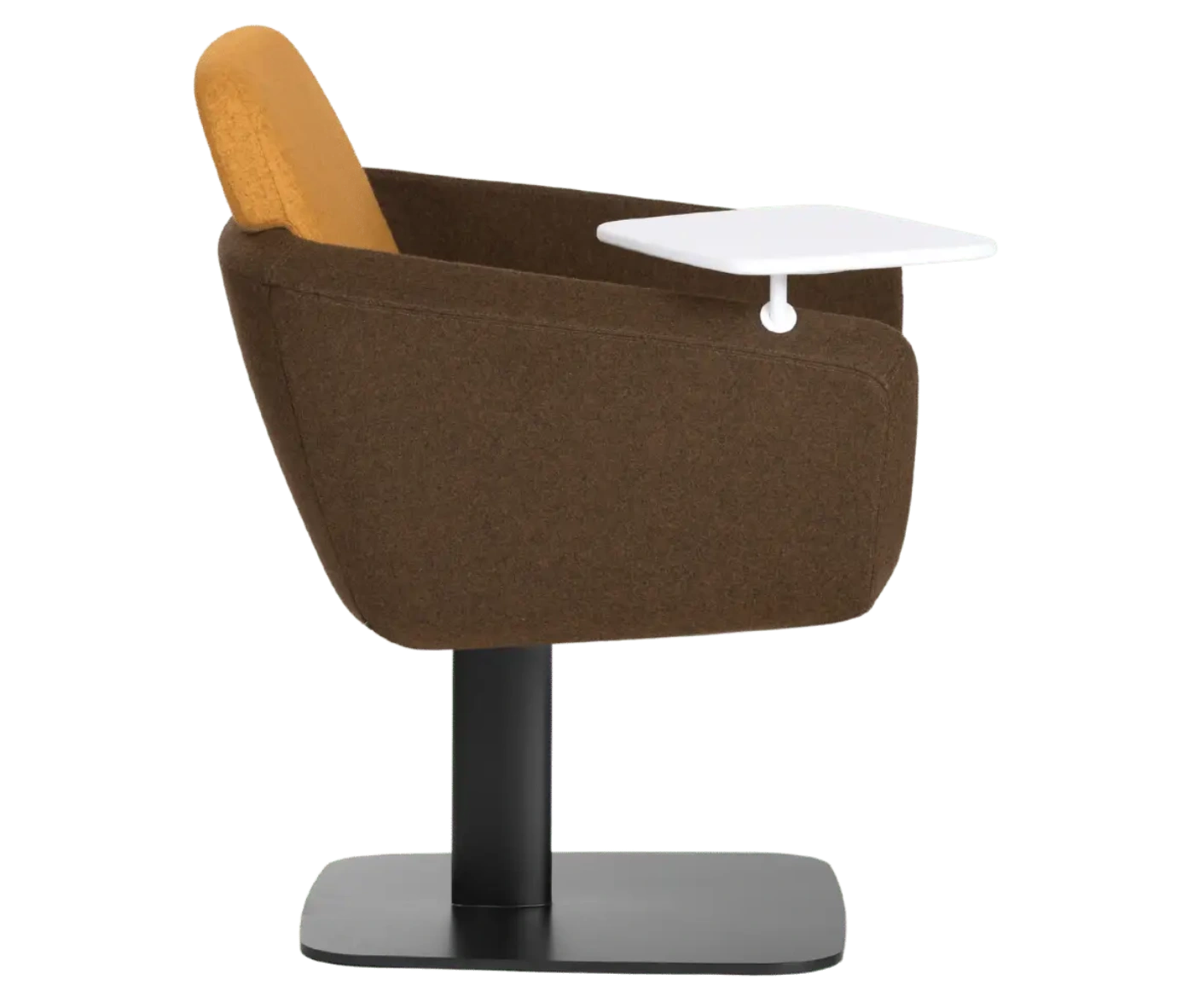 True Arca lounge chair, side view with floating backrest, brown shell, integrated side table and metal base plate.
