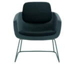 True Arca lounge chair, front view with a floating upholstered backrest, wraparound shell, and metal sled base.