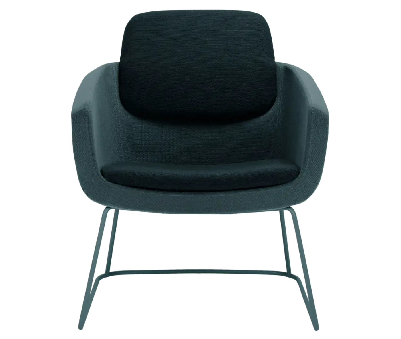 True Arca lounge chair, front view with a floating upholstered backrest, wraparound shell, and metal sled base.
