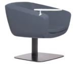 True Arca lounge chair, front-right view with a side table fully upholstered wraparound shell and metal base plate