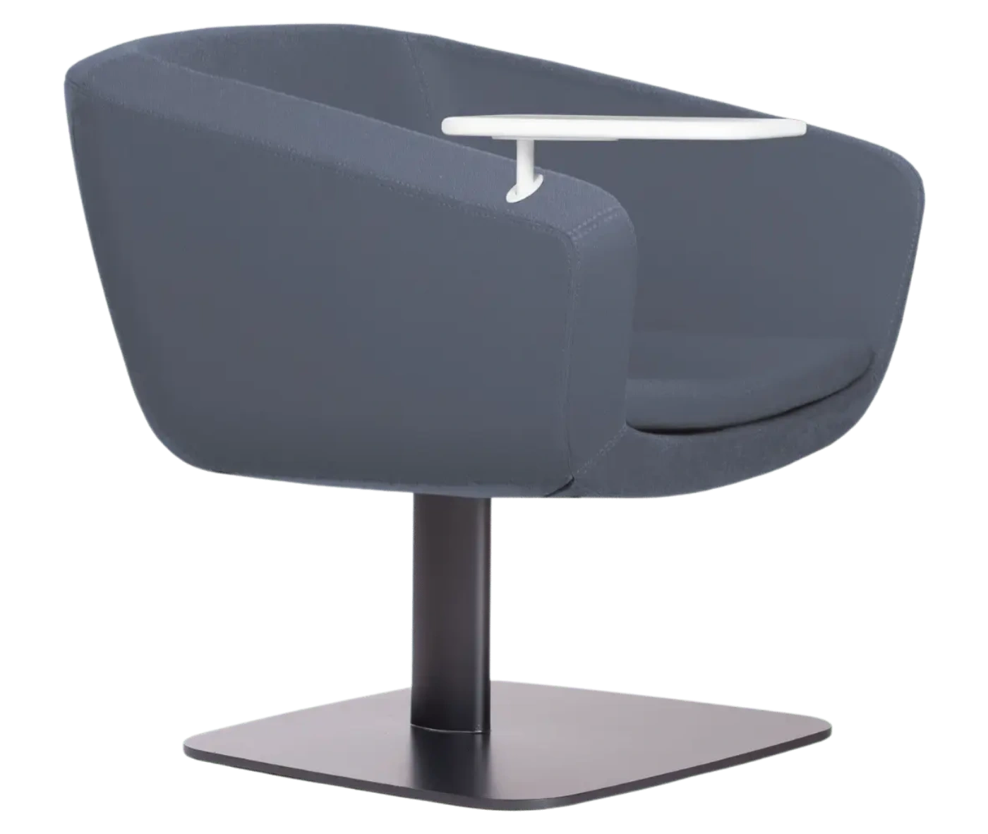 True Arca lounge chair, front-right view with a side table fully upholstered wraparound shell and metal base plate