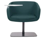 True Arca lounge chair, front view with a side table fully upholstered wraparound shell and metal base plate