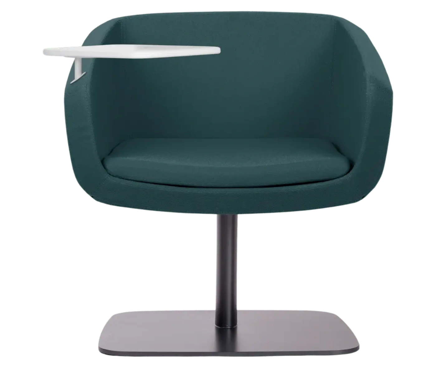 True Arca lounge chair, front view with a side table fully upholstered wraparound shell and metal base plate