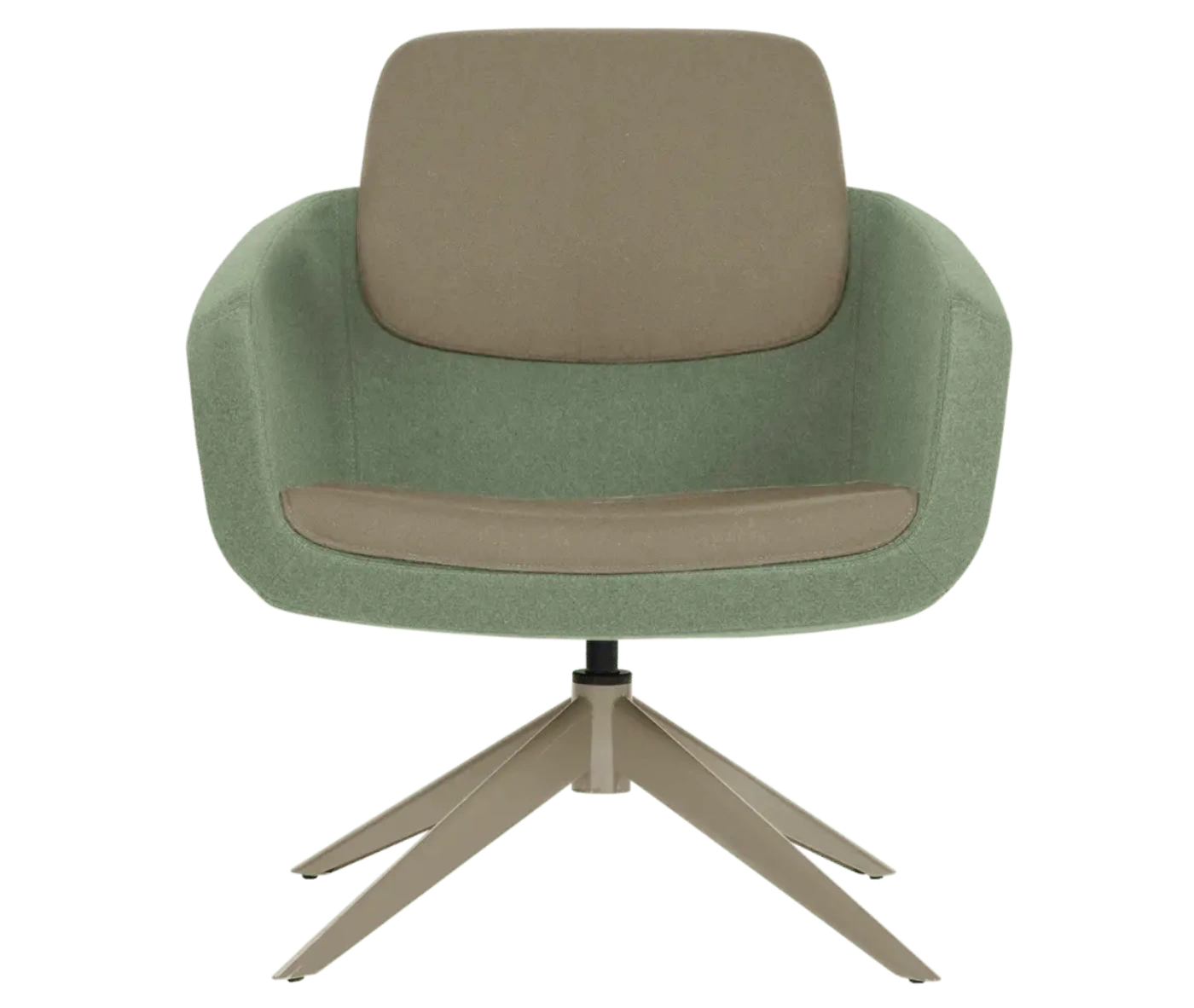 True Arca lounge chair, front view with floating backrest, sage green shell, and swivel base.