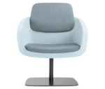 True Arca lounge chair, front view with floating backrest, light blue upholstered shell, and metal base plate.