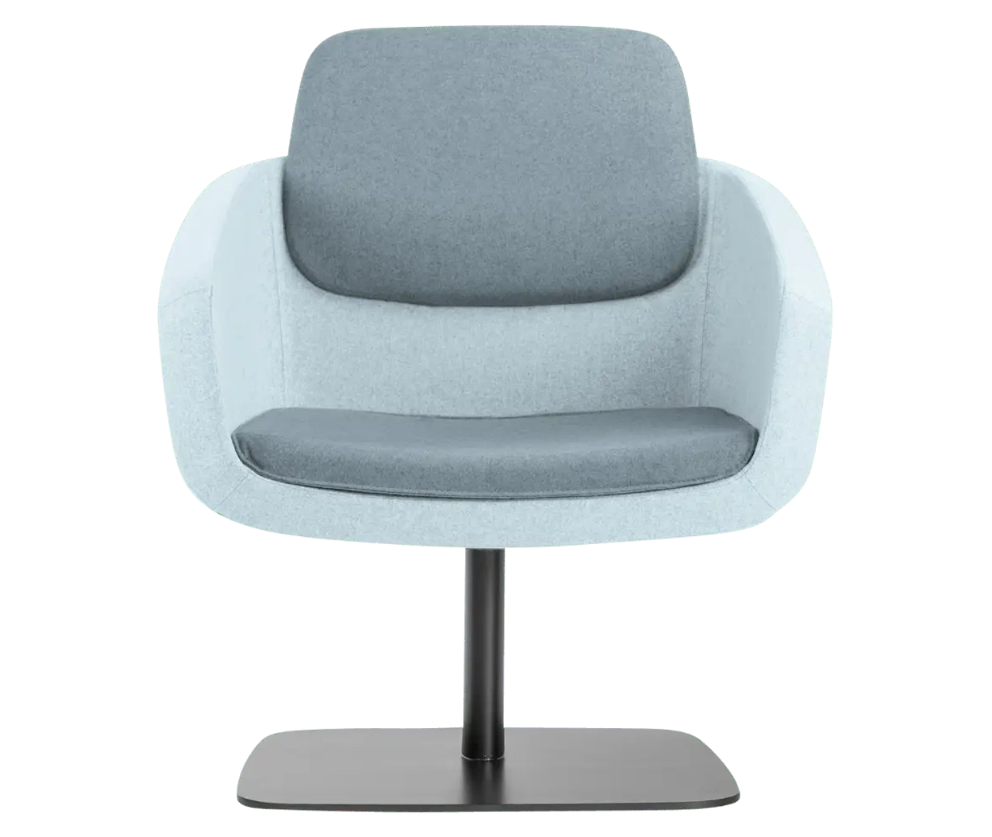 True Arca lounge chair, front view with floating backrest, light blue upholstered shell, and metal base plate.