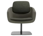 True Arca lounge chair, front view with floating backrest, dark upholstered shell, and metal base plate.