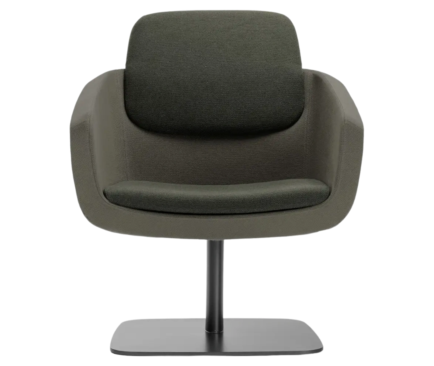 True Arca lounge chair, front view with floating backrest, dark upholstered shell, and metal base plate.
