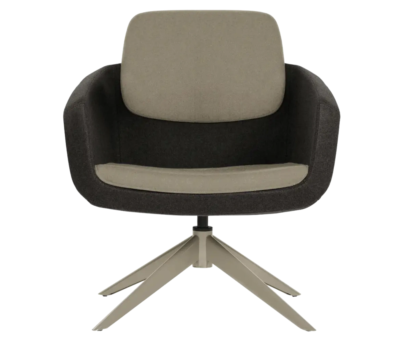 True Arca lounge chair, front view with floating grey backrest, black upholstered shell, and swivel base.
