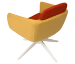 True Arca lounge chair, rear-angle view with floating red backrest, mustard yellow upholstered shell, and swivel base.
