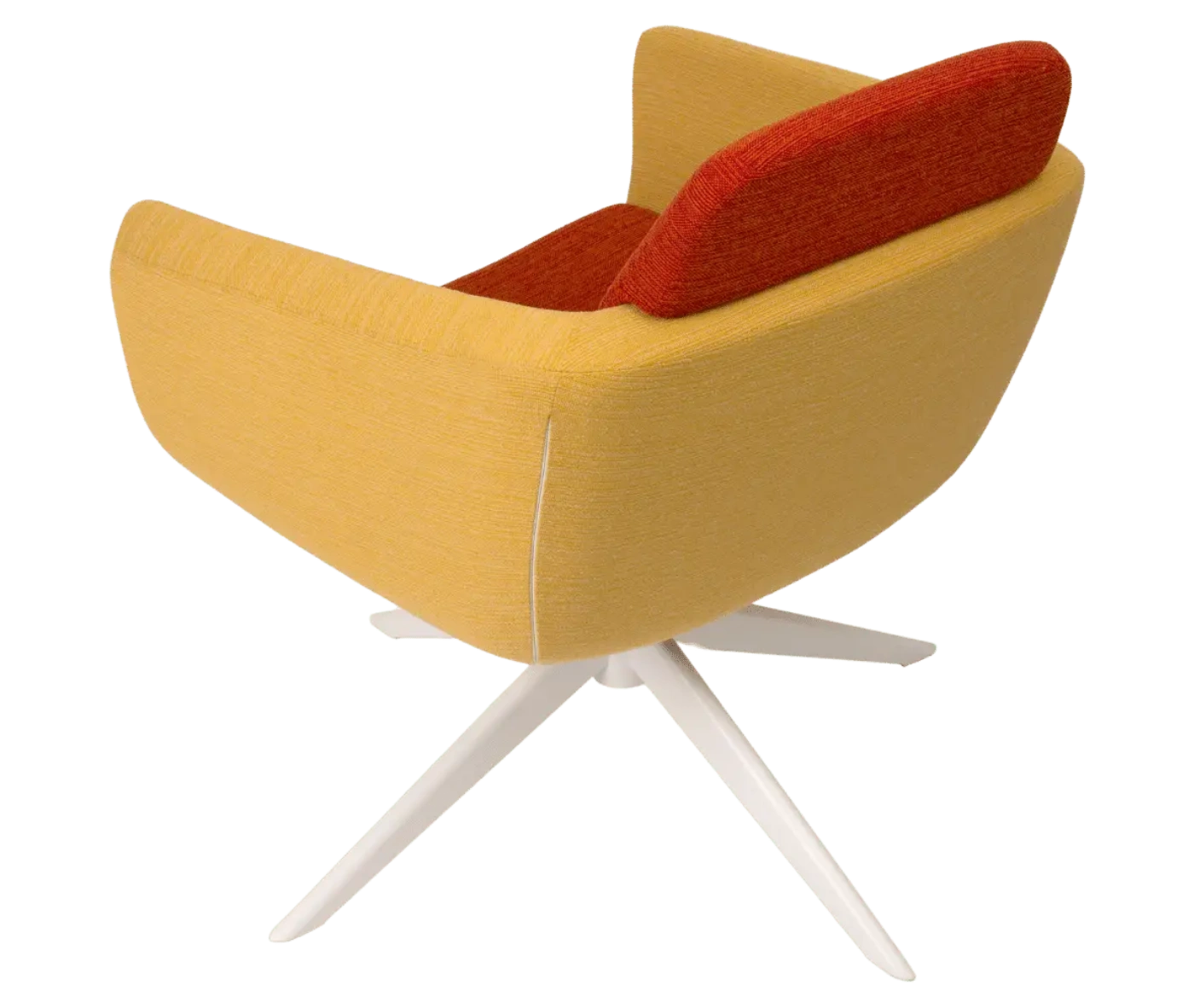 True Arca lounge chair, rear-angle view with floating red backrest, mustard yellow upholstered shell, and swivel base.