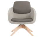 True Arca lounge chair, front view with floating dark backrest, light grey upholstered shell, and swivel base.