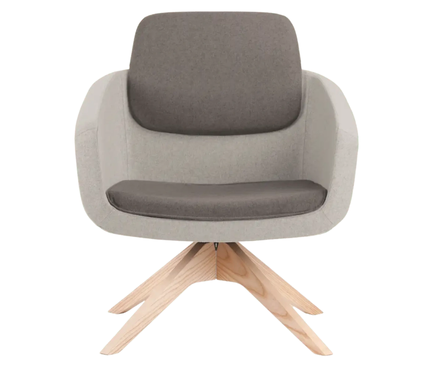 True Arca lounge chair, front view with floating dark backrest, light grey upholstered shell, and swivel base.