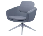 True Arca lounge chair, front-left view with floating blue backrest, wraparound upholstered shell, and swivel base.