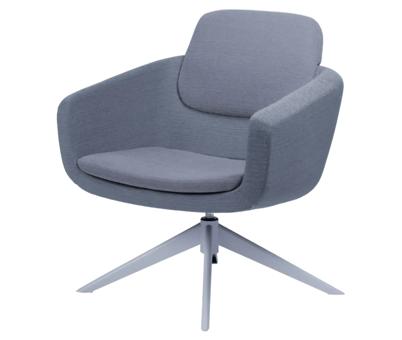 True Arca lounge chair, front-left view with floating blue backrest, wraparound upholstered shell, and swivel base.
