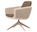 True Arca lounge chair, front-left view with floating brown backrest, wraparound upholstered shell, and swivel base.