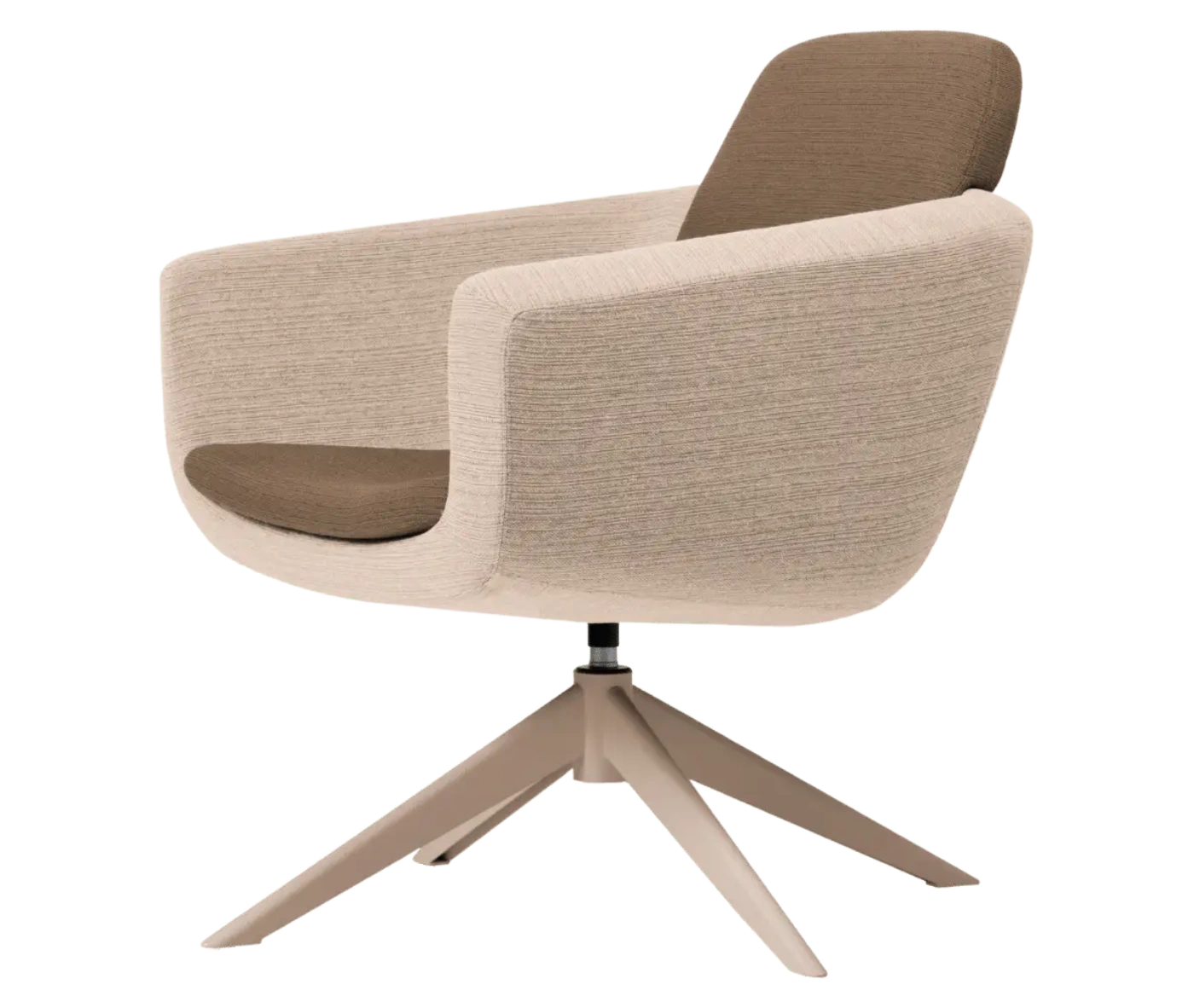 True Arca lounge chair, front-left view with floating brown backrest, wraparound upholstered shell, and swivel base.