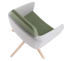 Top view of True Arca lounge chair, with floating green backrest, grey shell, and timber swivel base.