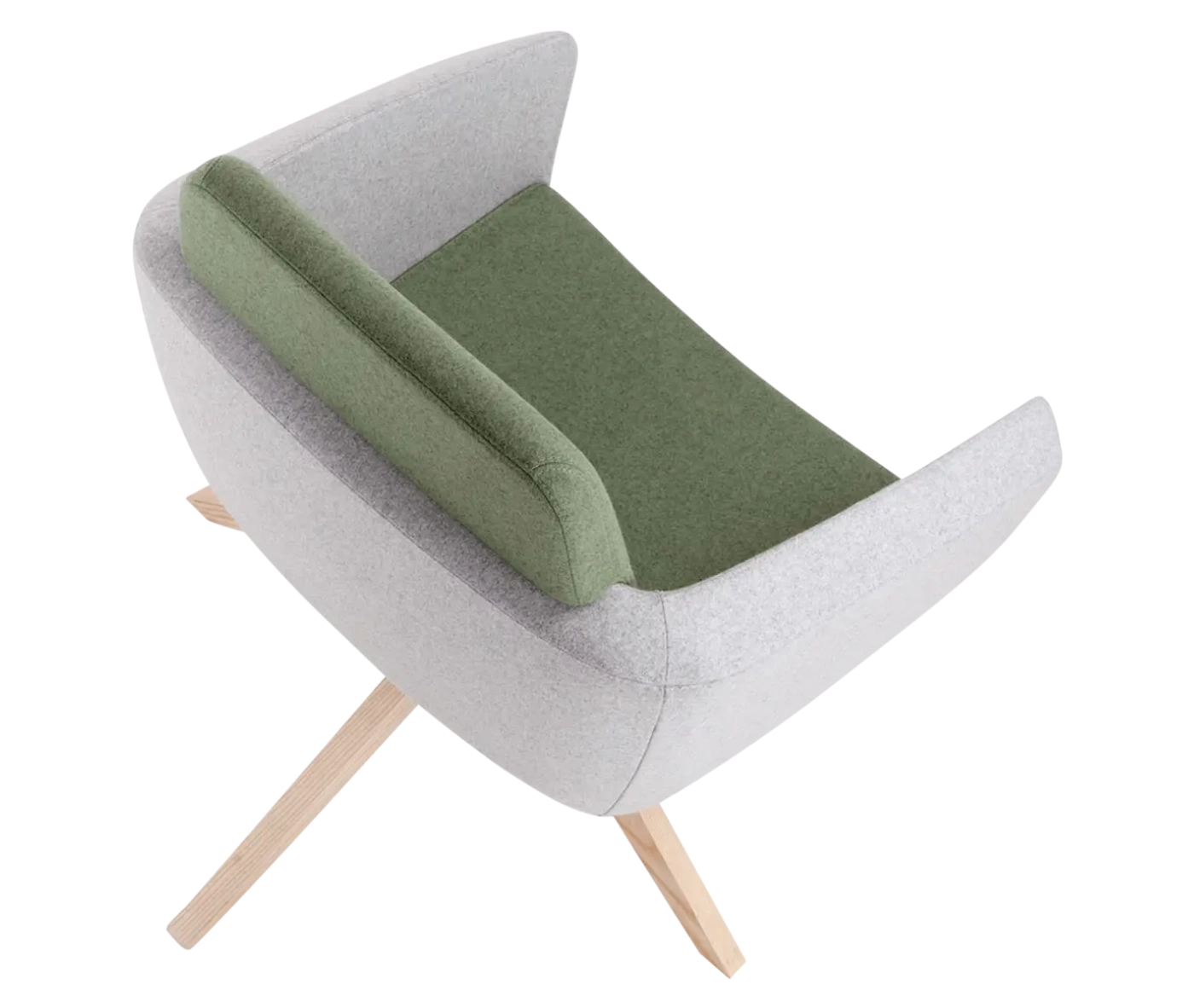 Top view of True Arca lounge chair, with floating green backrest, grey shell, and timber swivel base.