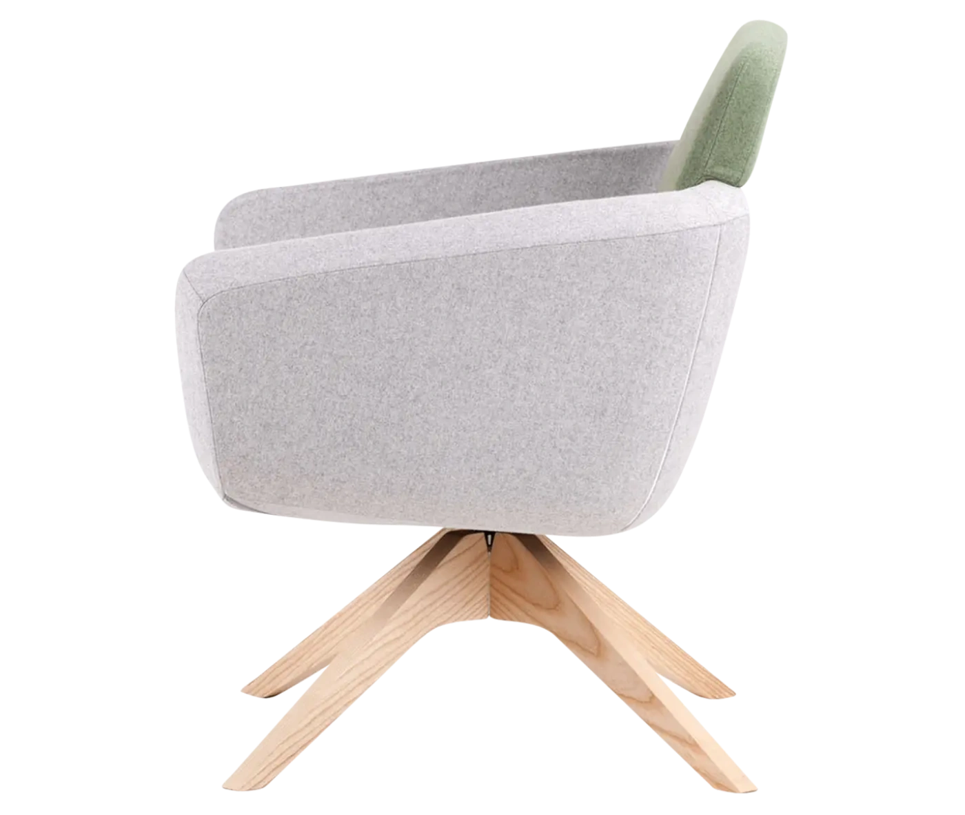 Top view of True Arca lounge chair, side view with floating green backrest, grey shell, and timber swivel base.