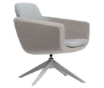 Top view of True Arca lounge chair, with floating grey backrest, beige upholstered shell, and swivel base.