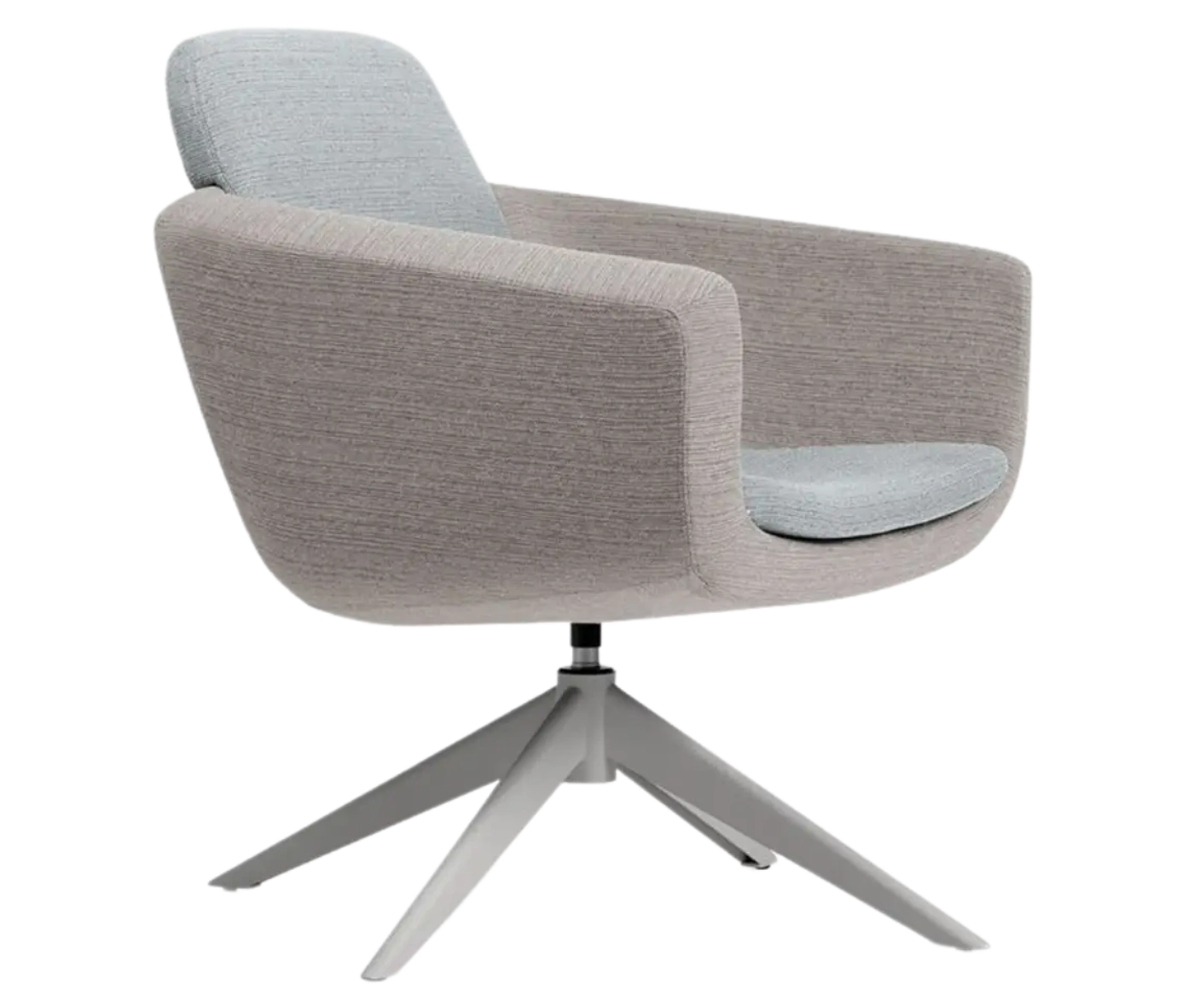 Top view of True Arca lounge chair, with floating grey backrest, beige upholstered shell, and swivel base.