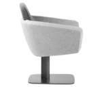 True Arca lounge chair, right-side view with floating backrest, grey upholstered shell, and metal base plate.