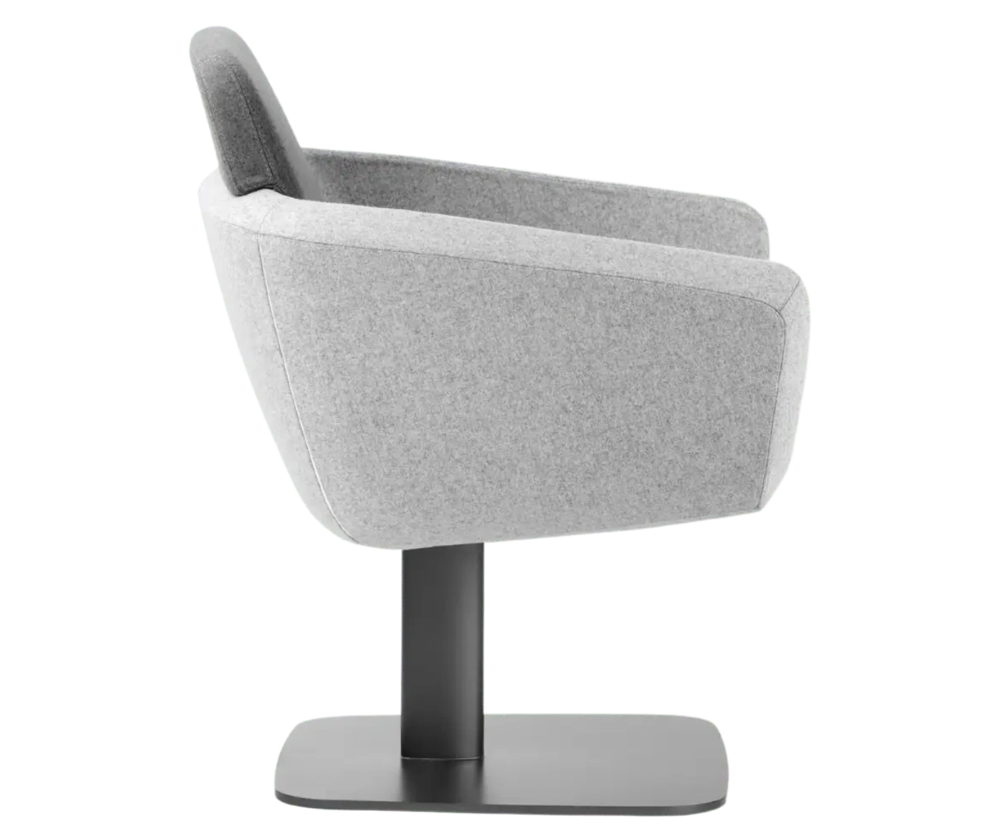 True Arca lounge chair, right-side view with floating backrest, grey upholstered shell, and metal base plate.