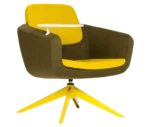 True Arca lounge chair, front-right view with floating backrest, dark upholstered shell, integrated side table, and swivel base.