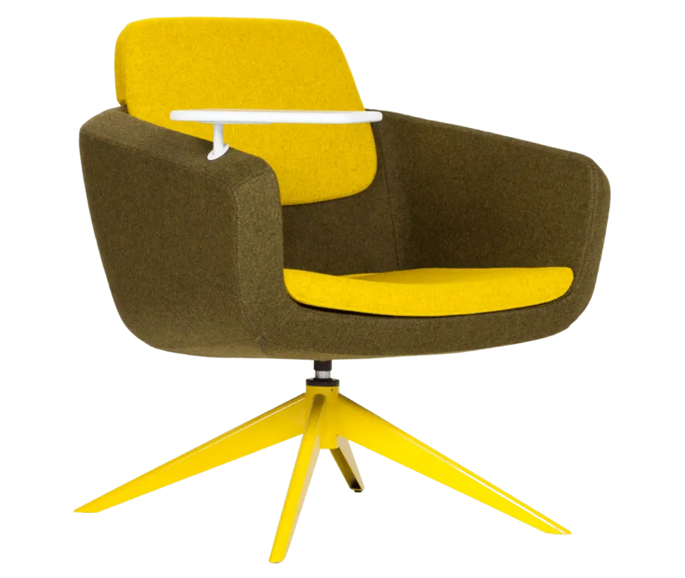 True Arca lounge chair, front-right view with floating backrest, dark upholstered shell, integrated side table, and swivel base.