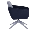 True Arca lounge chair, right-side view with floating backrest, dark blue upholstered shell, and swivel base.
