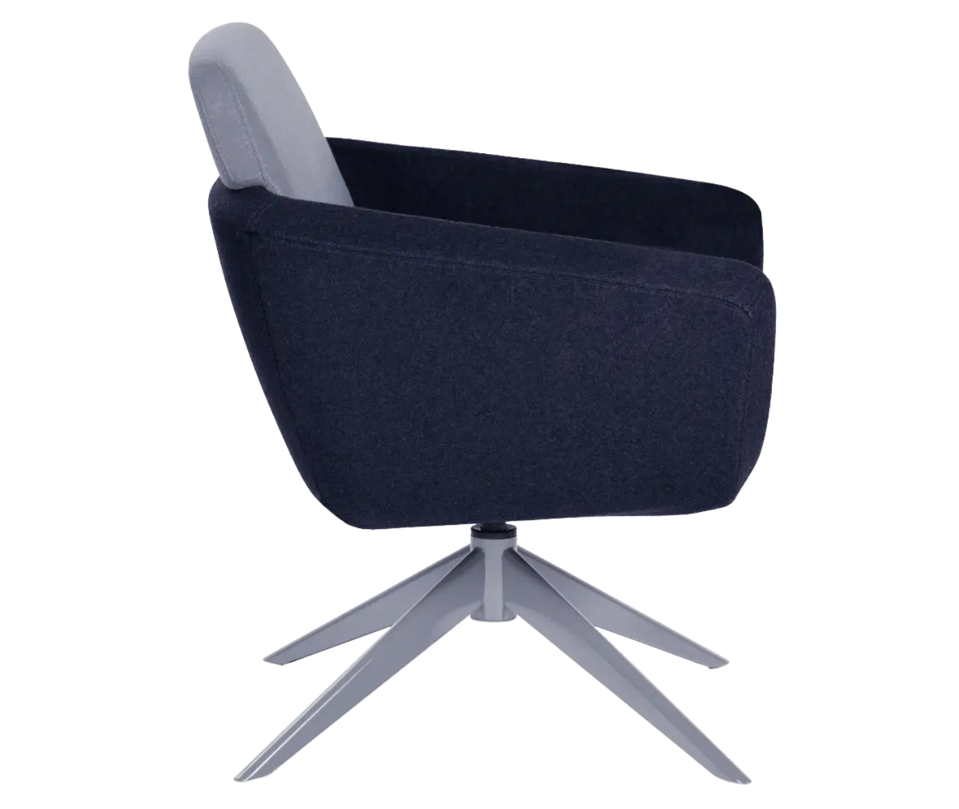 True Arca lounge chair, right-side view with floating backrest, dark blue upholstered shell, and swivel base.