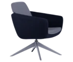 True Arca lounge chair, front-right view with floating backrest, dark blue upholstered shell, and swivel base.