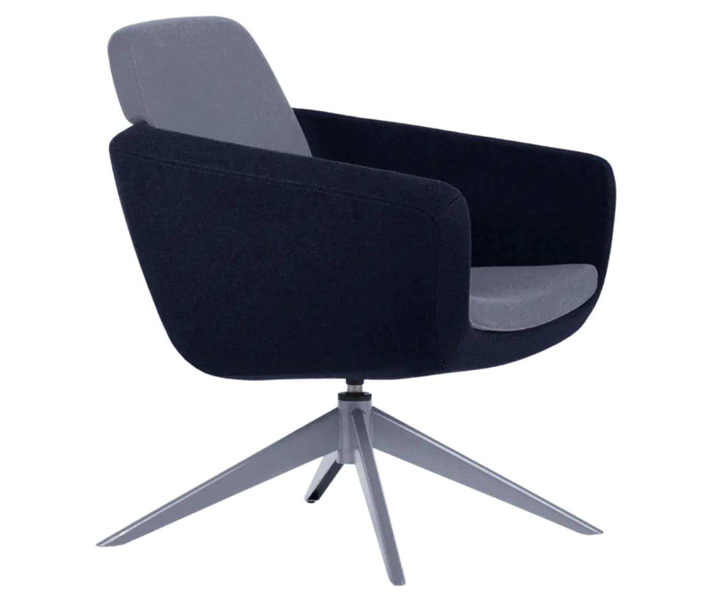 True Arca lounge chair, front-right view with floating backrest, dark blue upholstered shell, and swivel base.