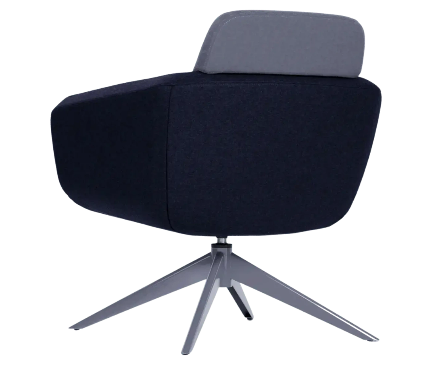 True Arca lounge chair, back view with floating backrest, dark blue upholstered shell, and swivel base.