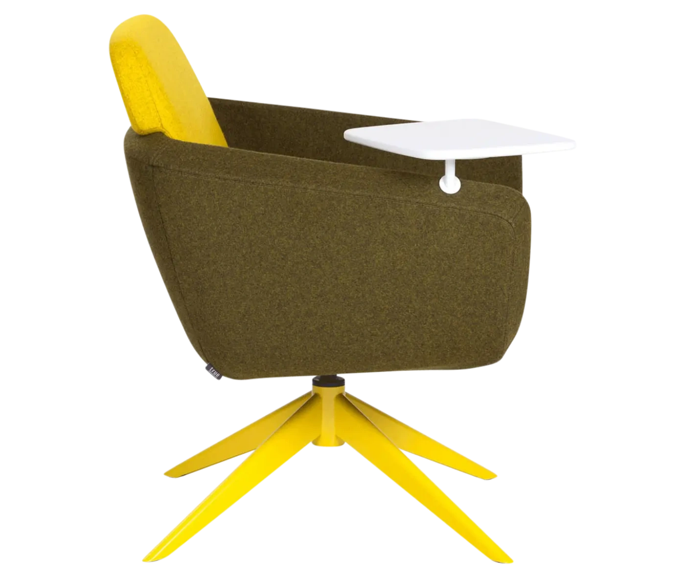 True Arca lounge chair, side view with floating backrest, dark upholstered shell, integrated side table, and swivel base.